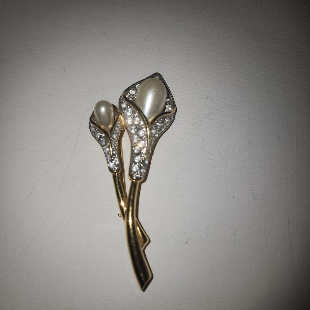 VINTAGE EDITH VANDERBILT RHINESTONE DOUBLE CALA LILLY BROOCH PIN